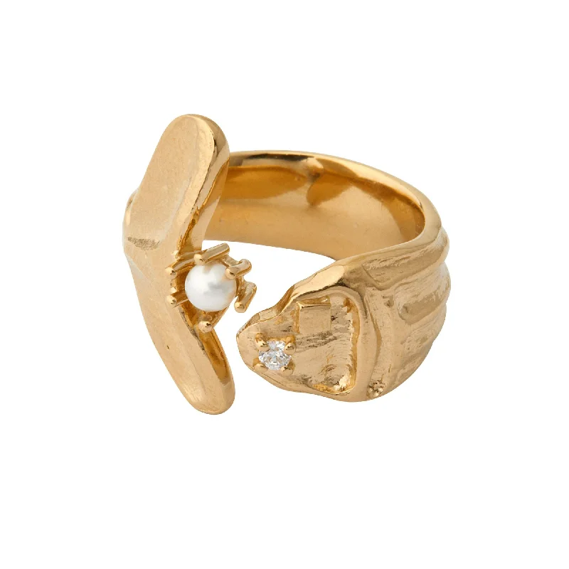 Chunky Gold Ring-Ocean Being Gold Plated Ring w. Pearl & Zirconia