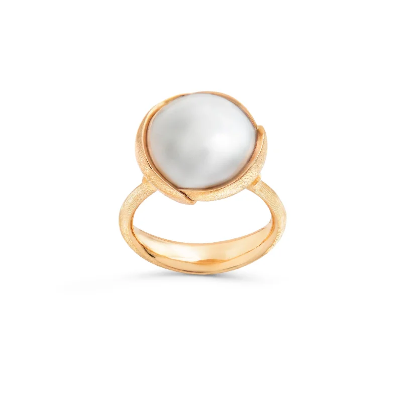 Platinum Diamond Ring-Large Lotus 18K Gold Ring w. Pearl