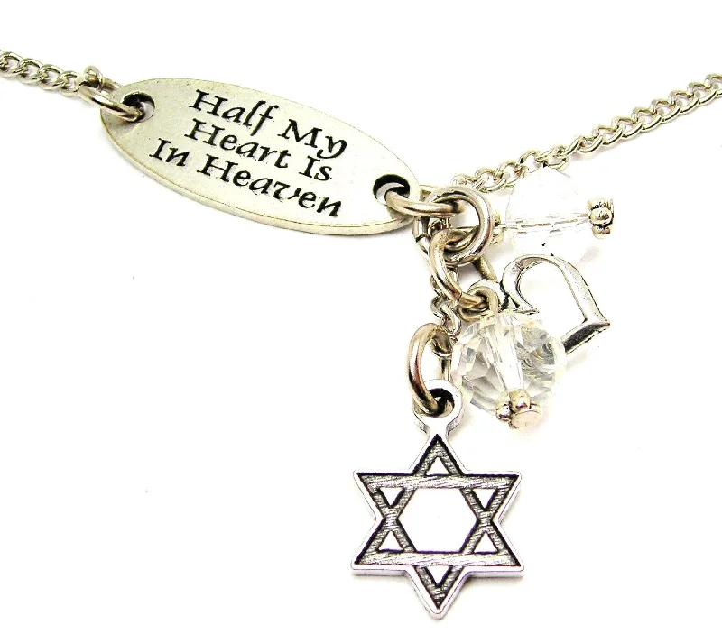 Bar Pendant Necklace-Half My Heart Is In Heaven And Engraved Star Of David Lariat Necklace