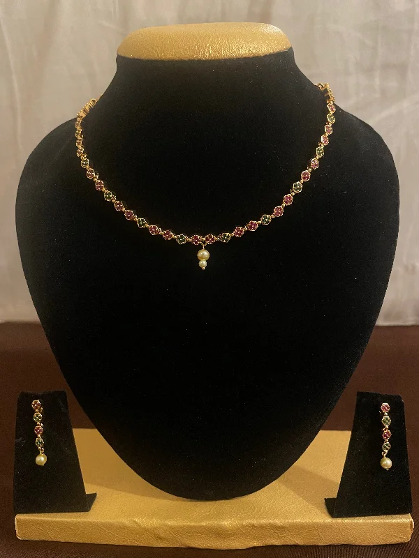 Silver Heart Pendant Necklace-Attractive Gold Plated Pink Color And Green Stones With Pearl Necklace Set