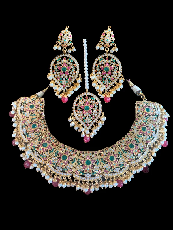 Luxury Gold Necklace-NS250  Chriselle necklace set in Navratan  ( SHIPS IN 4 WEEKS )