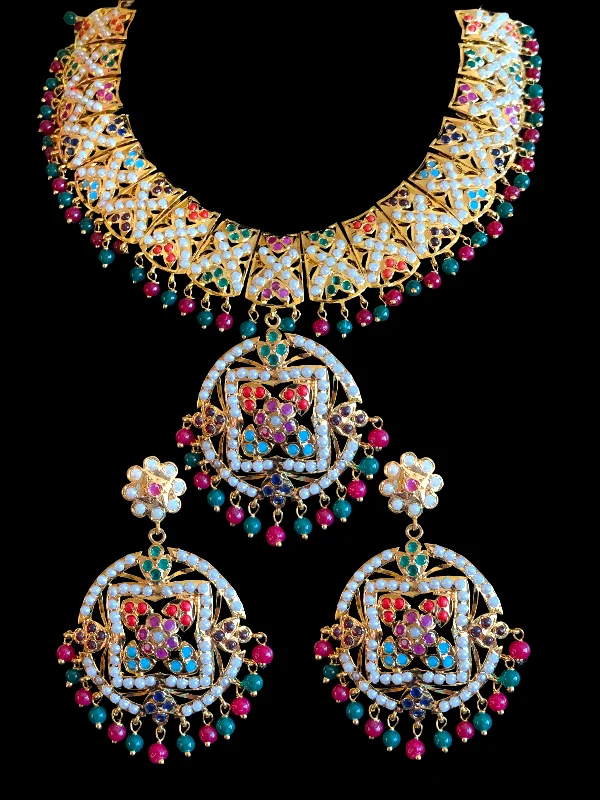 Crystal Pendant Chain Necklace-NS370 Ruchika  necklace set in navratan  ( READY TO SHIP )