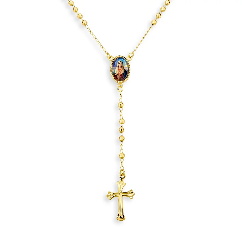 Green Gem Necklace-18K Gold Plated Rosary Necklace with Virgin Mary Cross and Prayer Beads