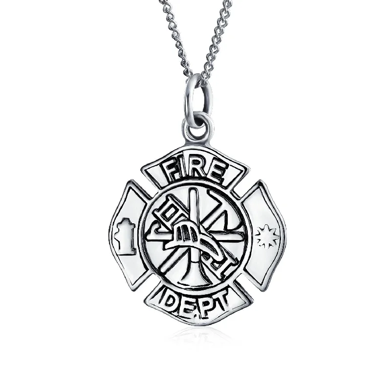 Personalized Birthstone Necklace-Firefighter Shield Medallion Pendant Necklace for Firemen Wife in Sterling Silver