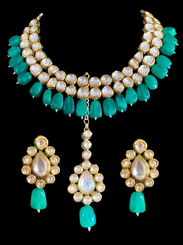 Colorful Crystal Necklace-Mohini bridal necklace in high quality kundan with green quartz  beads (READY TO SHIP )