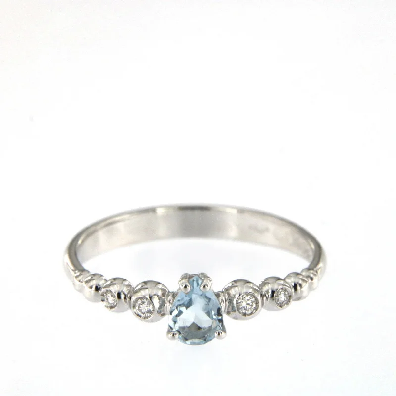 Gold Wedding Ring with Engraving-Bubble 18K White Gold Ring w. Diamonds & Light Blue Aquamarine