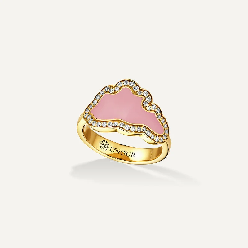 Classic Wedding Band Set-Allusia Love Pink Enamel 18K Gold Ring w. Diamonds