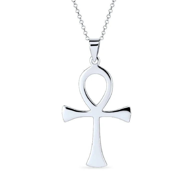 Gemstone Pendant Necklace-Large Key To Life Egyptian Ankh Cross Pendant Necklace Sterling Silver for Men