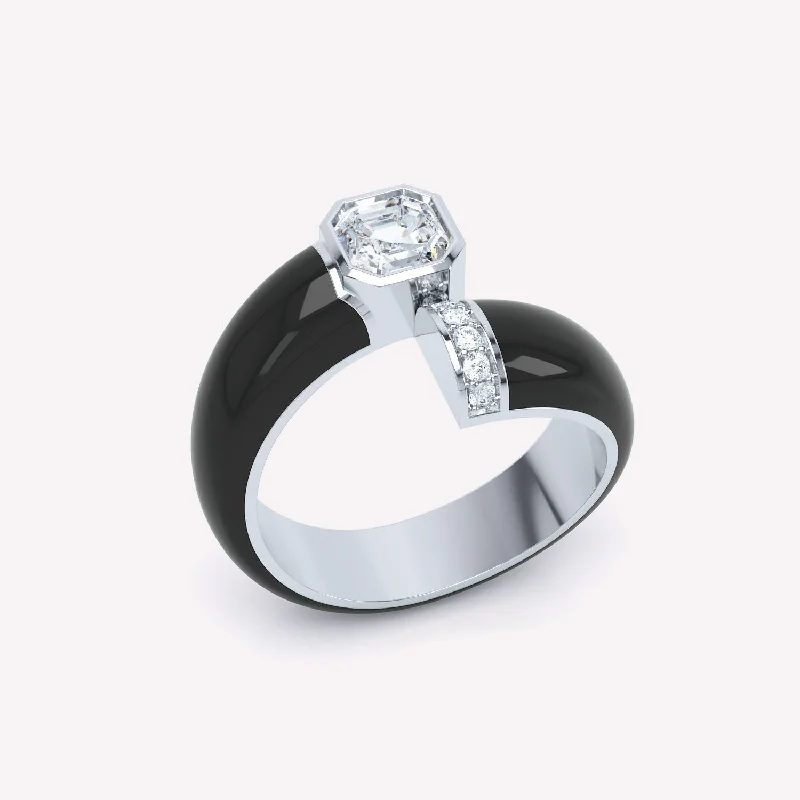 Personalized Couples Ring-Toi et Moi Black Asscher 18K Whitegold Ring w. Lab-Grown Diamonds