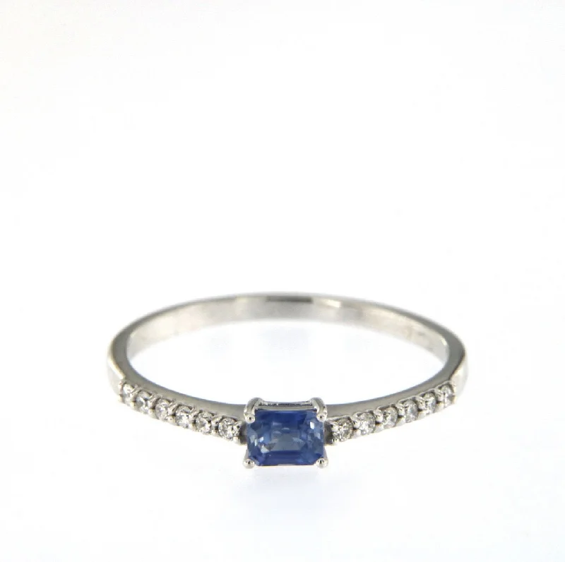 Emerald Cut Engagement Ring-Candy 18K White Gold Ring w. Blue Sapphire & Diamonds