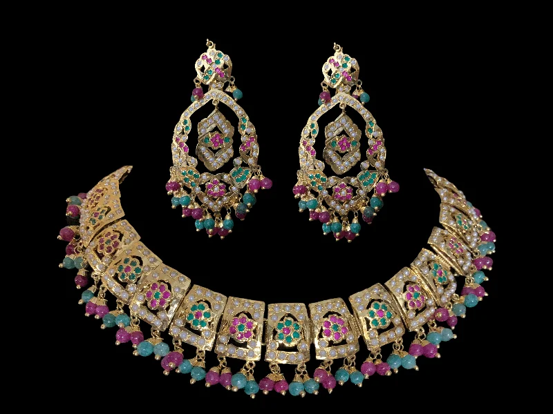 Elegant Necklace with Gemstones-Reshma punjabi Jadau necklace with earrings in ruby emerald (READY TO SHIP)