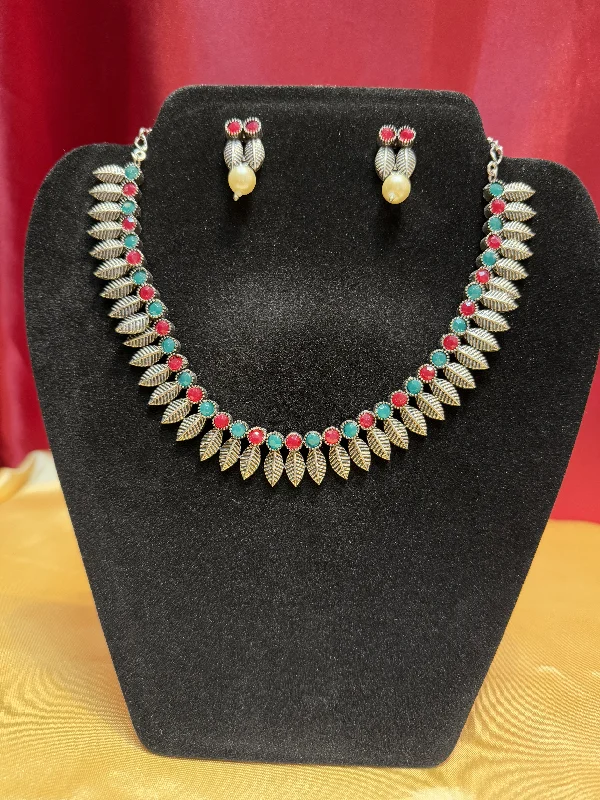 Designer Pearl Necklace-Charming Multicolor Oxidized Leaf Shaped Necklace With Earrings Set