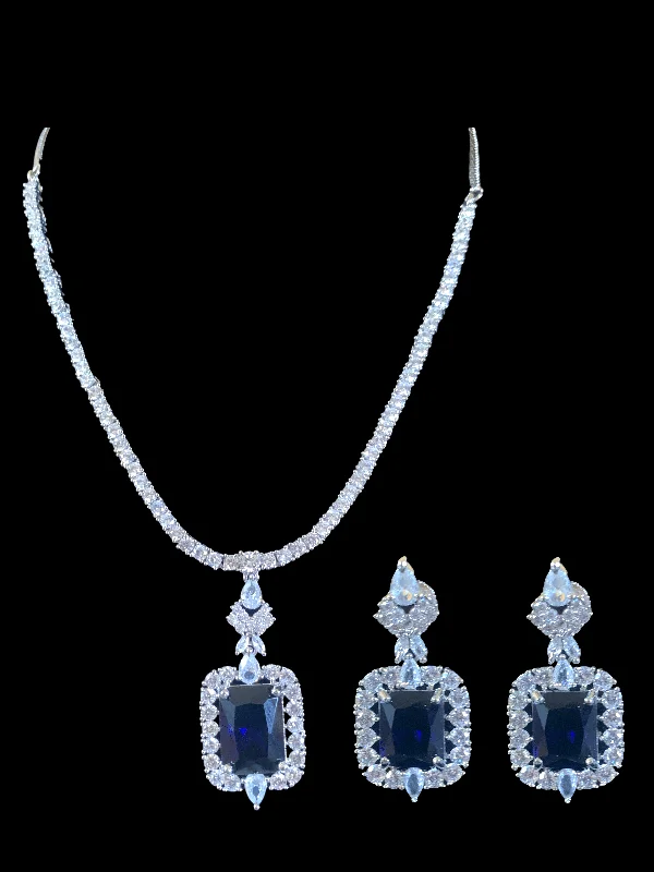 Geometric Pendant Necklace-NS279 Myrha cz necklace set -BLUE (READY TO SHIP )