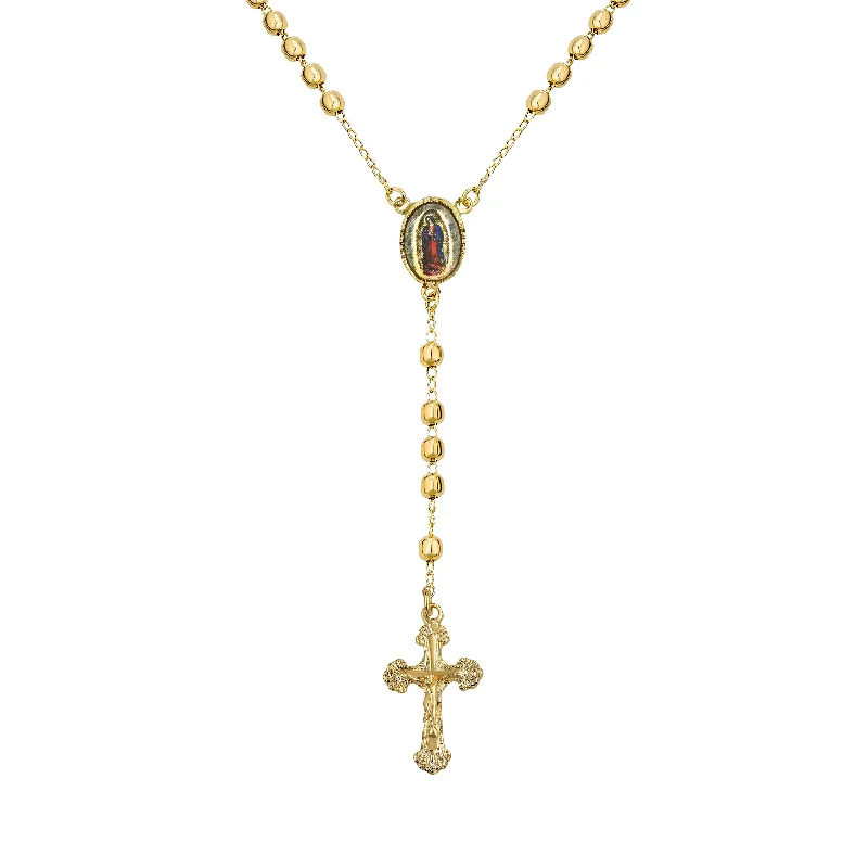 Blue Sapphire Necklace-18K Gold Plated Rosary Necklace with Crucifix and Virgin Mary Beads