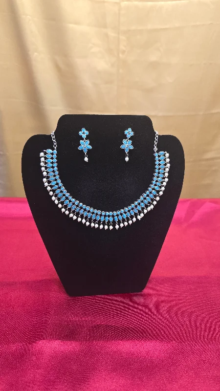 Simple Diamond Necklace-Alluring Light Blue Color Necklace Set With Earring For Women