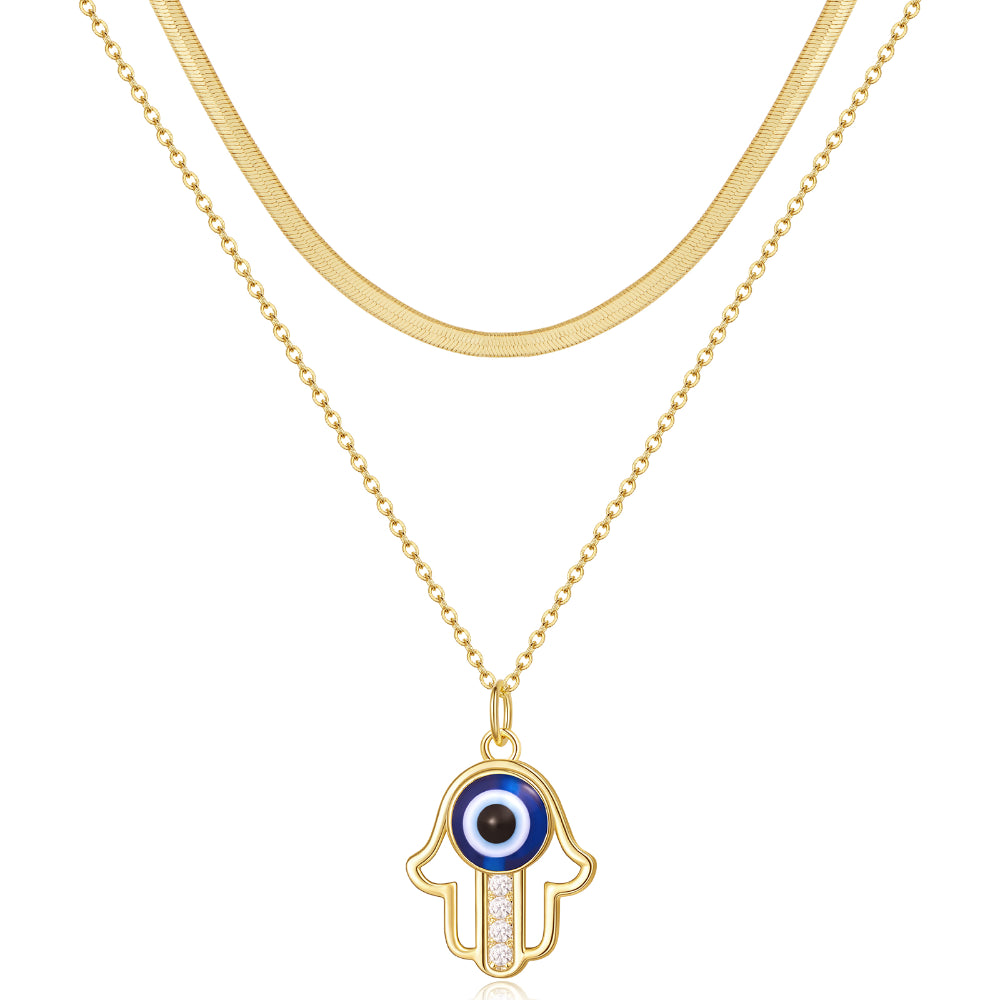 Natural Stone Pendant Necklace-Dainty 14K Gold Layered Evil Eye Religious Necklace- Bergamot Blue Eye+Snake