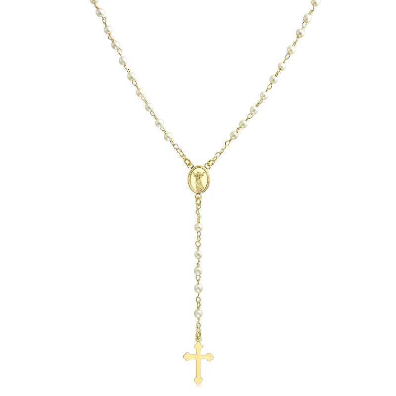 Custom Birthstone Necklace-Dainty Religious Guardian Angel Rosary Necklace with White Simulated Pearls 18K Gold