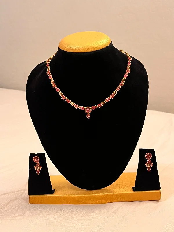 Birthstone Necklace for Women-Gorgeous Gold Plated And Pink Stone Necklace Set For Women