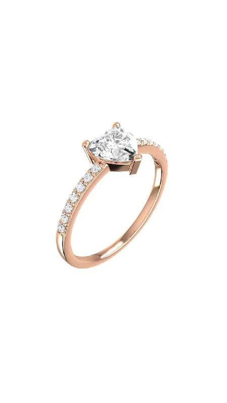 Classic Gold Engagement Ring-Solitaire Heart Pavé 18K Rosegold Ring w. Lab-Grown Diamonds