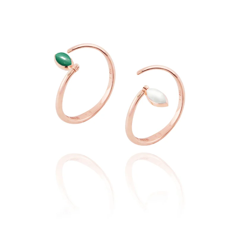 Titanium Wedding Ring-Swinging Spiral 18K Rosegold Ring w. Malachite & Pearl