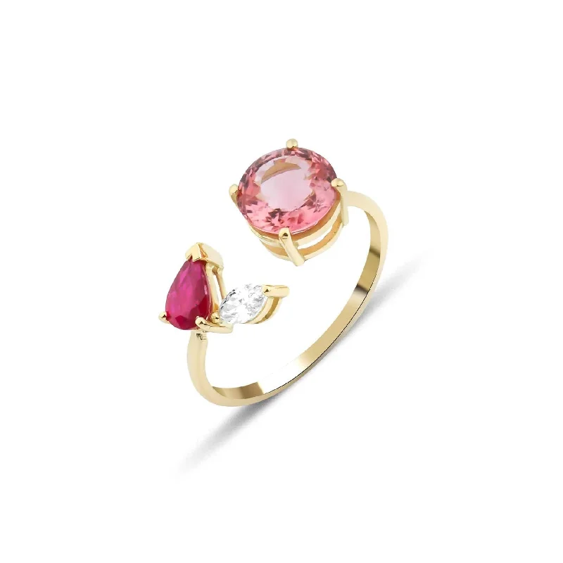 Wedding Ring with Diamonds-Artisia Leaf 18K Gold Ring w. Diamond, Ruby & Pink Tourmaline