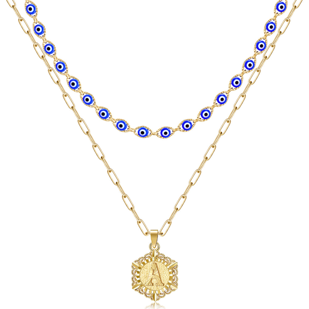 Black Diamond Necklace-14K Gold Layered Evil Eye Initial Necklaces for Women