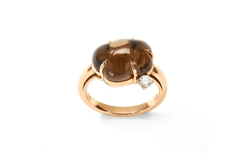 Custom Engraved Ring-Cloud 18K Rosegold Ring w. Smokey Quartz & Diamond