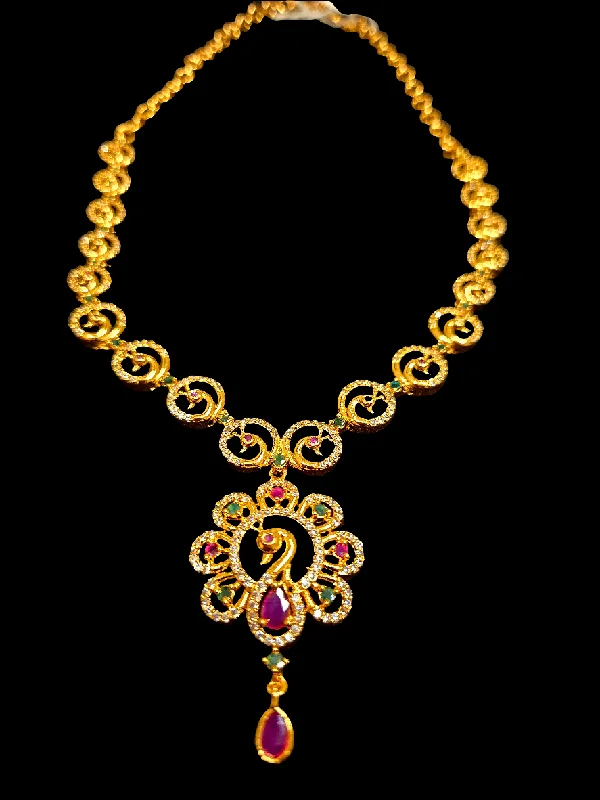 Multicolor Pendant Necklace-Elegant Peacock Design Gold Plated Multicolor Necklace Set With Earrings