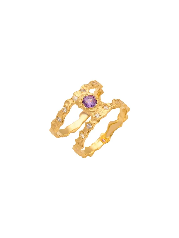 Custom Diamond Promise Ring-February Birthstone 18K Gold Ring w. Amethyst & Sapphires