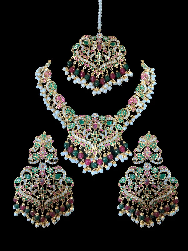 Long Silver Necklace-NS72 Neeli jadau pearl necklace with earrings tika in ruby emerald( SHIPS IN 3 WEEKS )