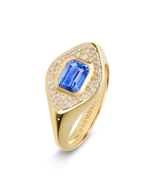 Engagement Ring with Emerald-Blue Sapphire & Diamond 14K Gold Signet Ring