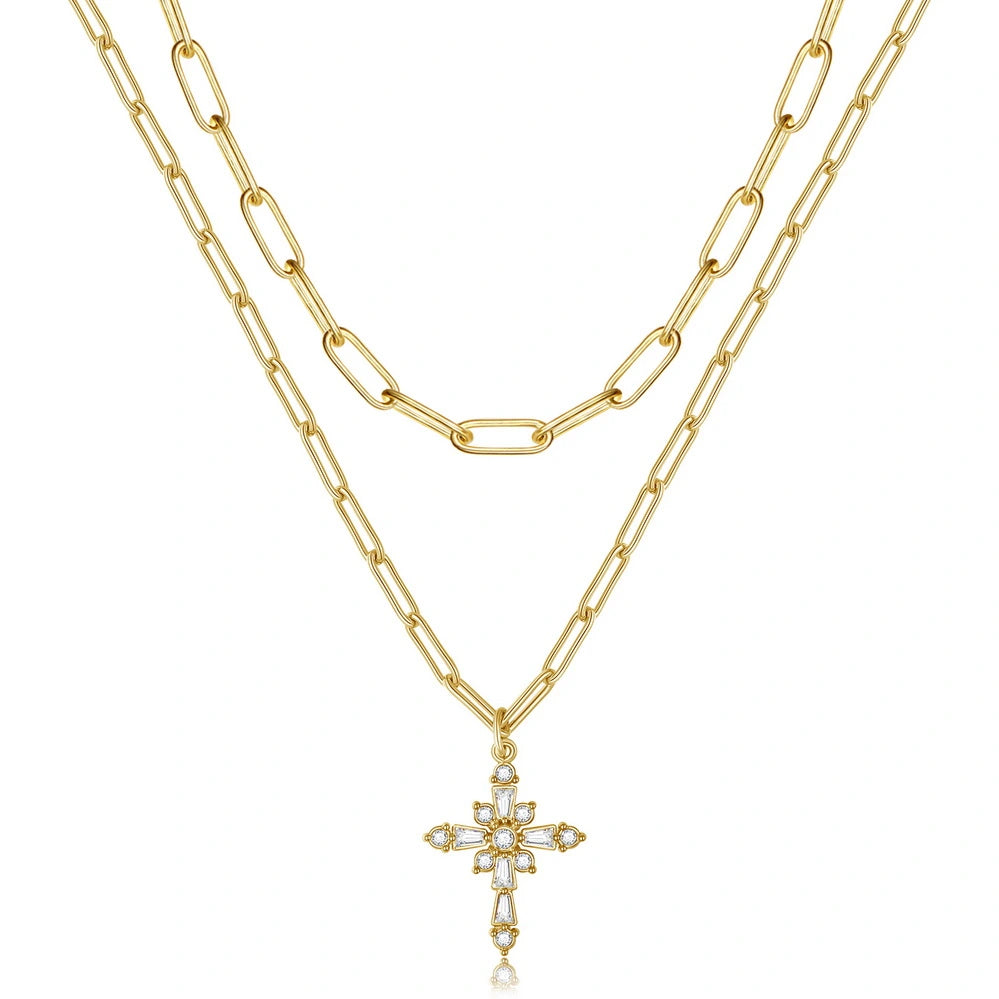 Multicolor Pendant Necklace-Dainty 14K Gold Layered Cross Pendant Necklace- Paperclip Cross