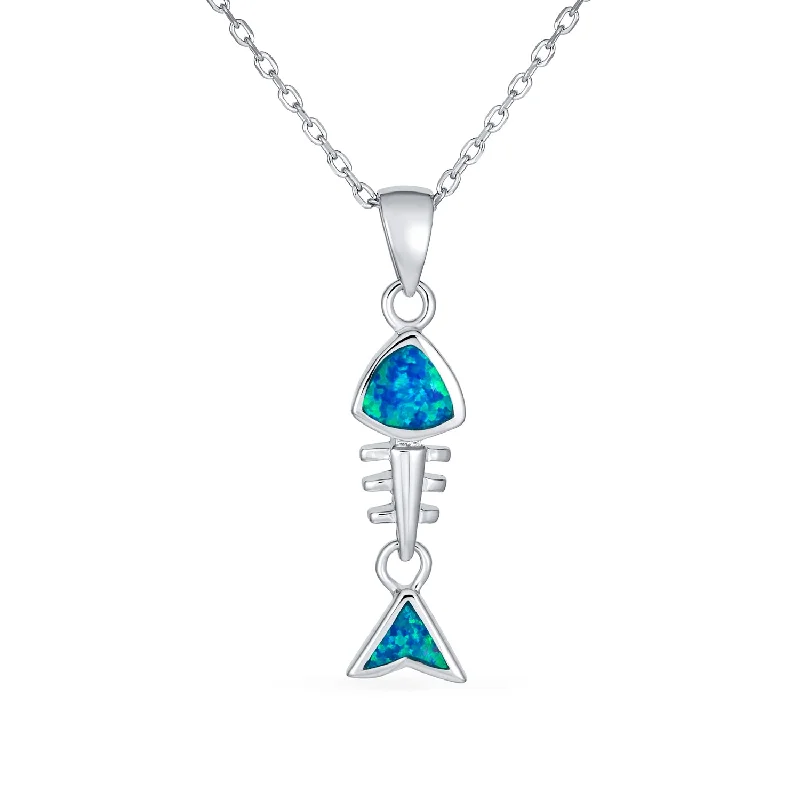 Long Chain Necklace-Nautical Gemstone Blue Opal Fishbone Pendant Necklace in Sterling Silver