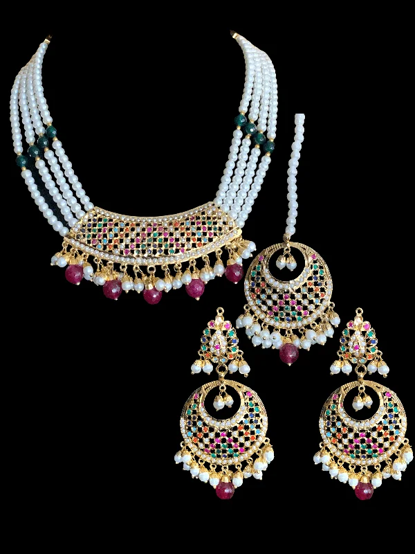 Silver Chain Necklace-NS317 Piya punjabi Jadau necklace with earrings and tika in Navratan  (READY TO SHIP)