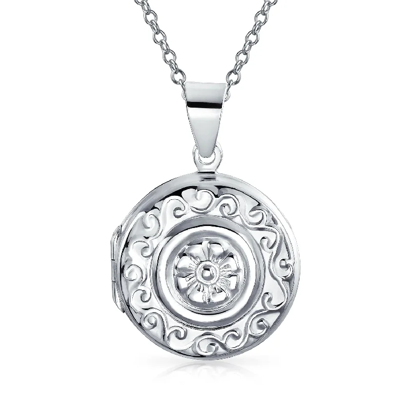 Unique Chain Necklace for Women-Embossed Boho Scroll Flower Sterling Silver Locket Necklace for Photos