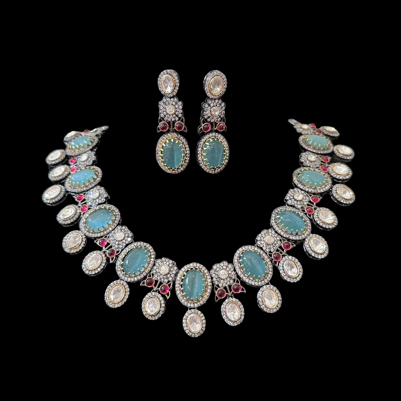 Classic Gold Necklace for Women-DNS82 Victorian fusion necklace set - turquoise  with ruby ( READY TO SHIP )