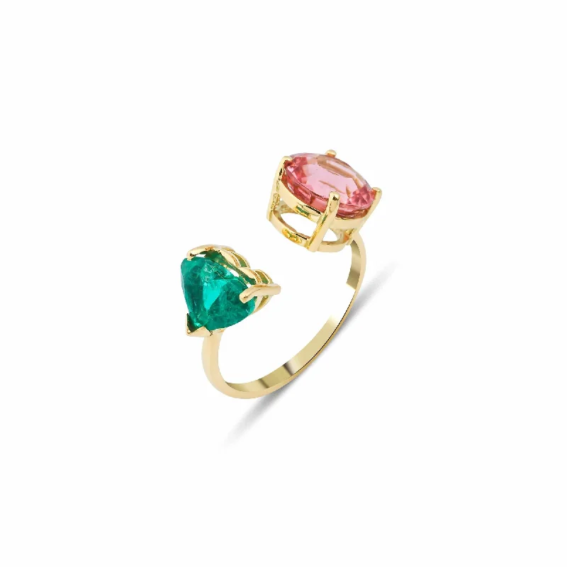 Yellow Gold Wedding Ring-Artisia Duo 18K Gold Ring w. Emerald & Tourmaline